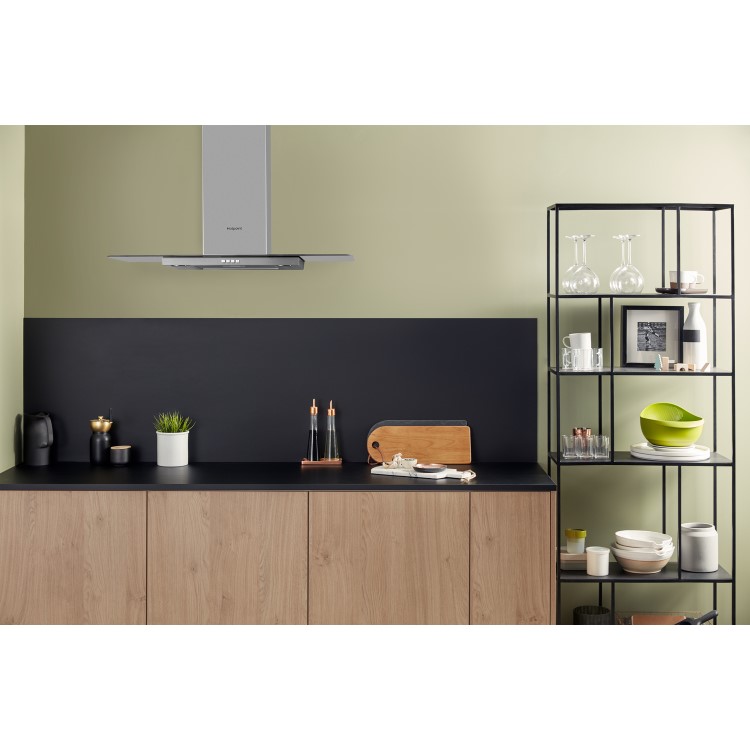 Hotpoint PHFG94FLMX 90cm Flat Glass Chimney Cooker Hood - Stainless Steel