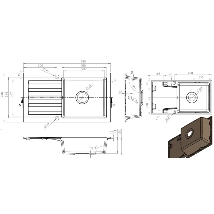 Single Bowl Black Inset Granite Composite Kitchen Sink with Reversible Drainer - Enza Phoebe