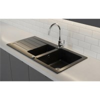 1.5 Bowl Black Granite Composite Sink & Waste Kit with Reversible Drainer - 960 x 480mm - Phoebe