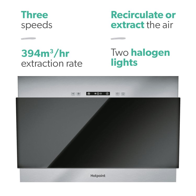 Hotpoint 60cm Angled Cooker Hood - Black Glass & Stainless Steel