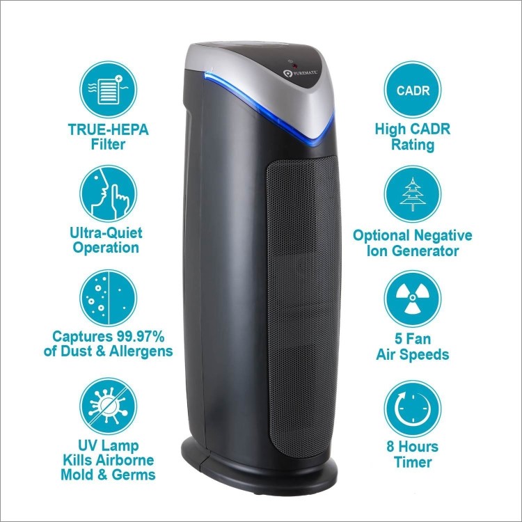 Puremate PM510 Air Purifier with HEPA Ioniser with UV-C and Odor Reduction - Great for large rooms up to 38sqm