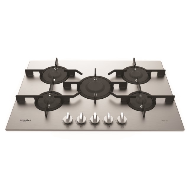 Whirlpool PMW75D2IXL W Collection 75cm Wide Five Burner Gas Hob - Stainless Steel With Cast Iron Pan Stands
