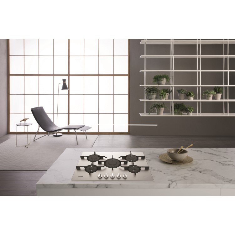 Whirlpool PMW75D2IXL W Collection 75cm Wide Five Burner Gas Hob - Stainless Steel With Cast Iron Pan Stands