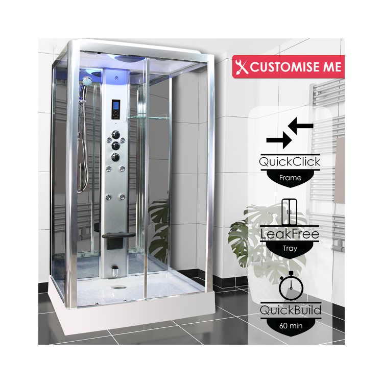 Insignia Premium Rectangular Steam Shower Cabin with 6 Body Jets and Chromotherapy Lights 1150 x 850