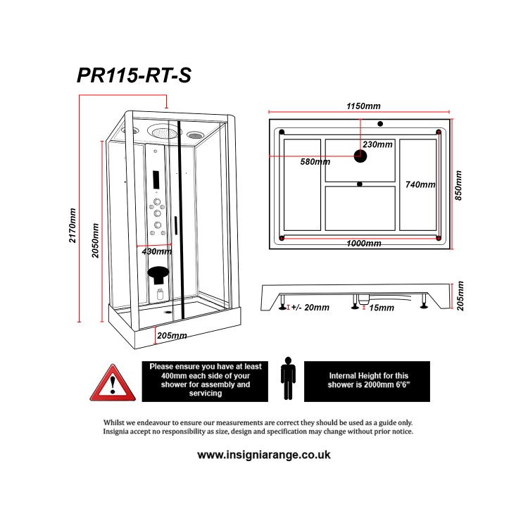 Insignia Premium Rectangular Steam Shower Cabin with 6 Body Jets and Chromotherapy Lights 1150 x 850