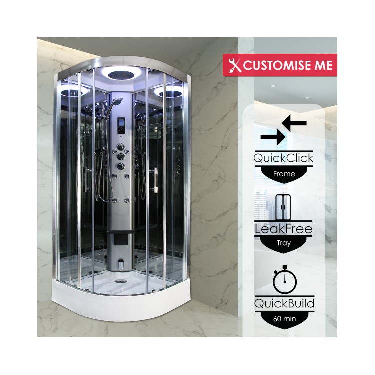 Insignia Premium Quadrant Steam Shower Cabin with Bluetooth and Chromotherapy Lights 900 x 900