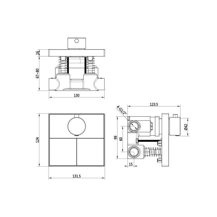 Matt Black Push Button 2 Outlet Concealed Mixer Shower Valve With Glass Front - Priya