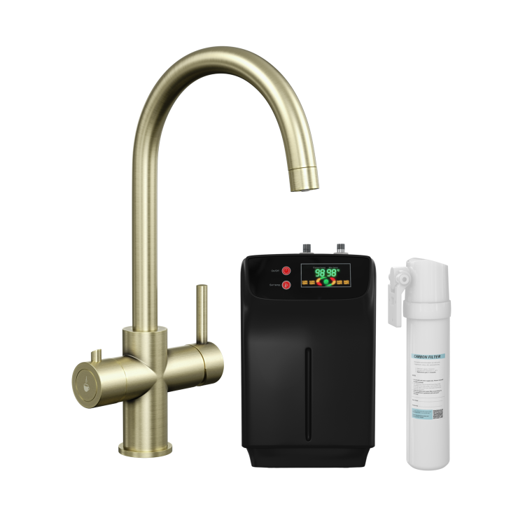 Brushed Brass 3 in 1 Instant Boiling Hot Kitchen Mixer Round Tap with 3L Boiler - Pronto Vesta