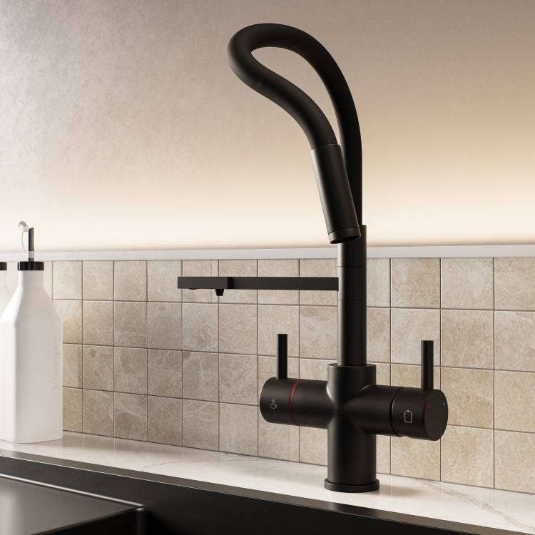 Black 4 in 1 Pull Out Boiling Hot Kitchen Mixer Tap with 3L Boiler and Filter - Pronto Pro