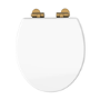 White Round Wooden Soft Close Toilet Seat with Quick Release and Brushed Brass Hinges - Park Royal