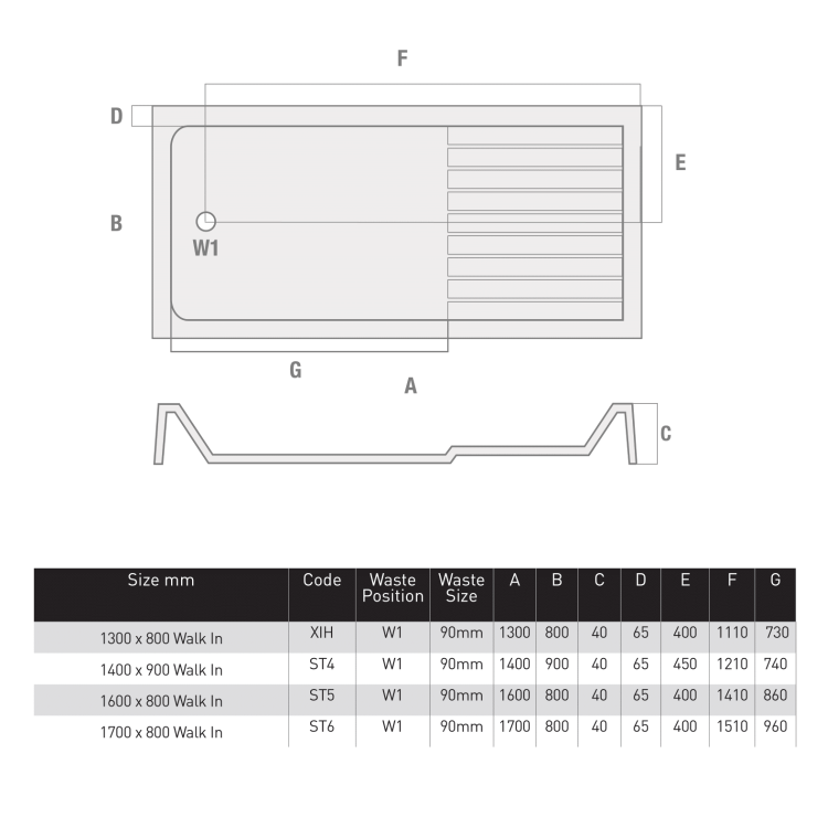 1300x800mm Walk-In Rectangular Shower Tray with Drying Area - White Stone Resin - Purity