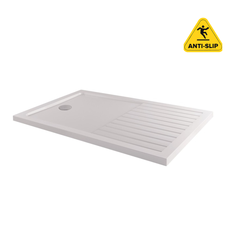 1700x800mm Non Slip Walk-In Rectangular Shower Tray 40mm with Drying Area - White Stone Resin - Purity