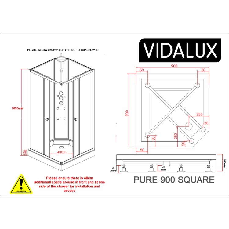 900x900mm Square Electric Hydro Shower Cabin with 8.5kw Triton Electric Shower and Shower Tray - Vidalux