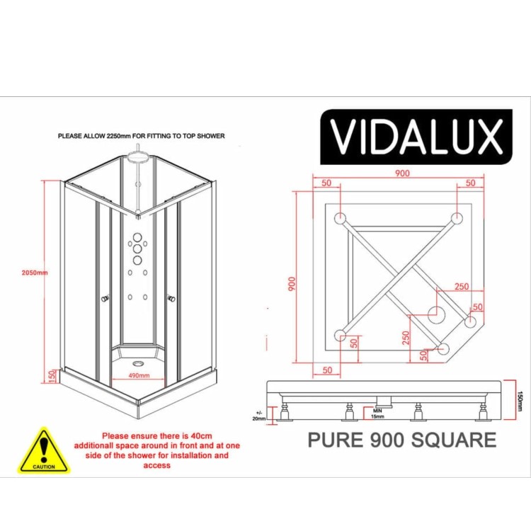 900x900mm Hydro Shower Cabin Square with White Panel - Shower Tray & 3 Outlet Thermostatic Mixer Shower System - Vidalux