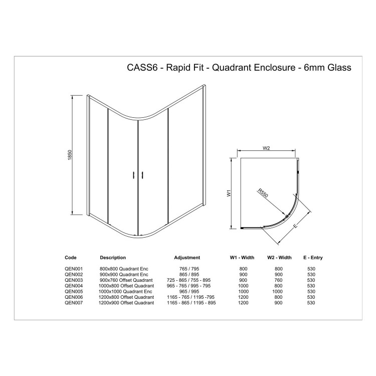 Quadrant Shower Screen Enclosure 1000 x 1000mm - 6mm Glass - Claritas Range