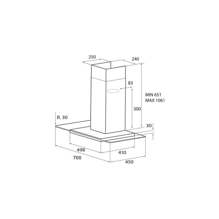 Elica QUARTZ-HE-70 High Efficiency 70cm Chimney Hood Stainless Steel With Flat Glass Canopy