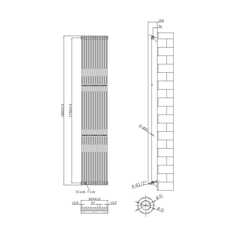 Vertical Tall Anthracite Radiator - 1800 x 324mm
