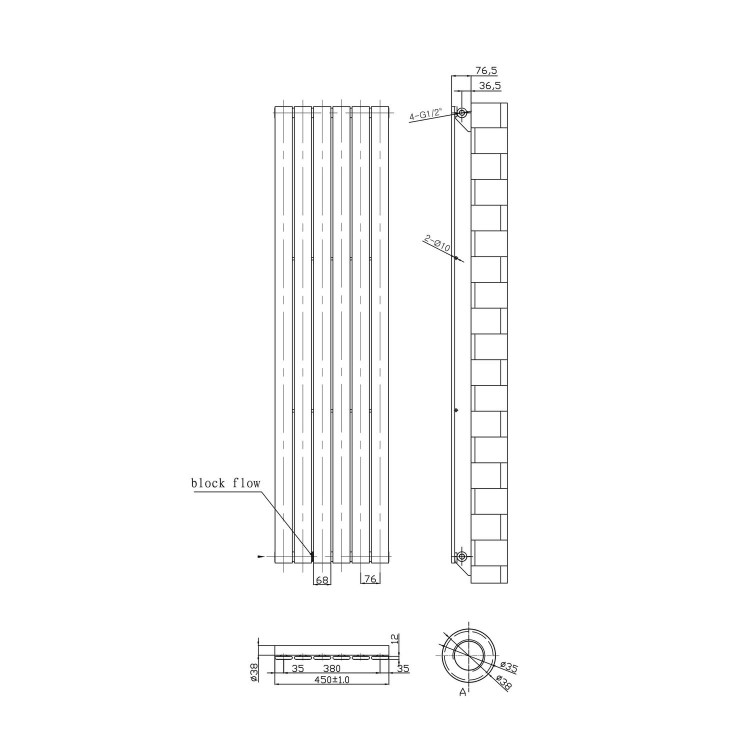 Chrome Vertical Tall Radiator with Flat Panels - 1800 x 450mm