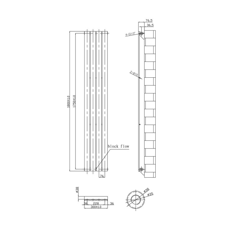 Anthracite Vertical Tall Radiator with Flat Panels - 1800 x 300mm