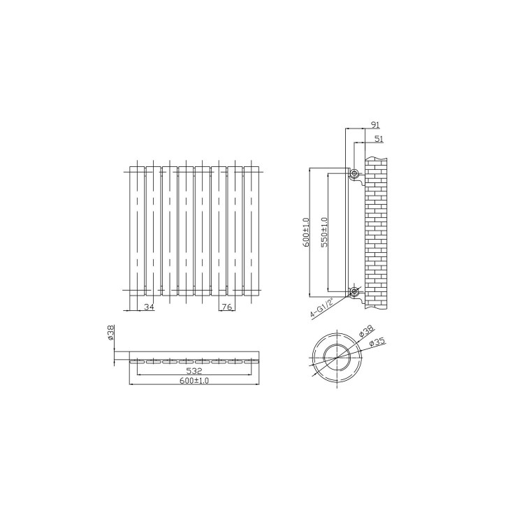 Horizontal Anthracite Flat Panel Radiator - 600 x 600mm
