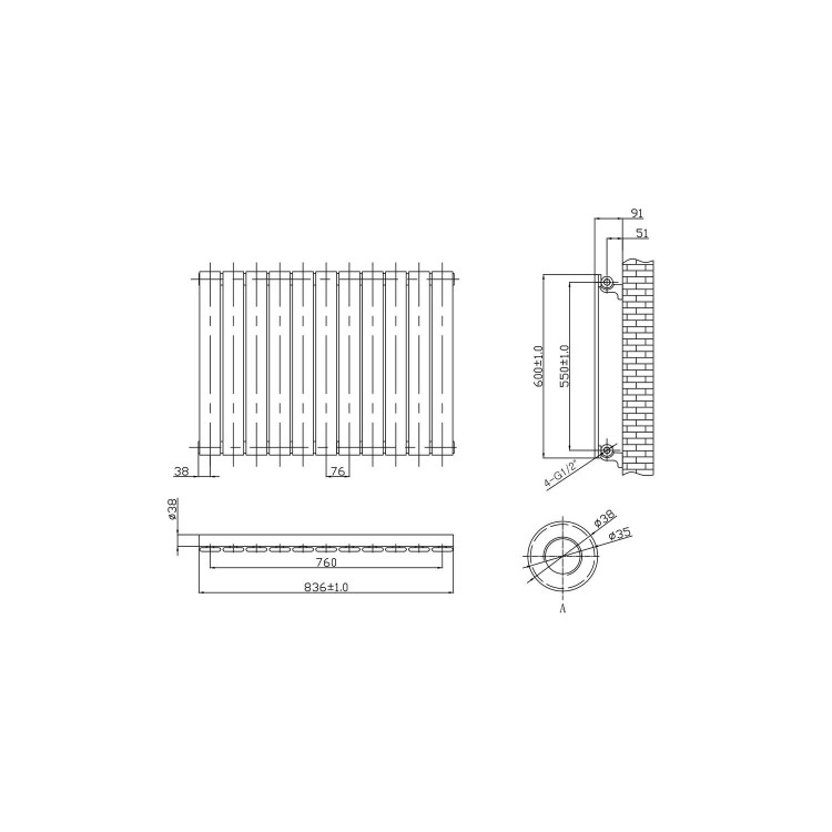 Horizontal Anthracite Flat Panel Radiator - 600 x 836mm