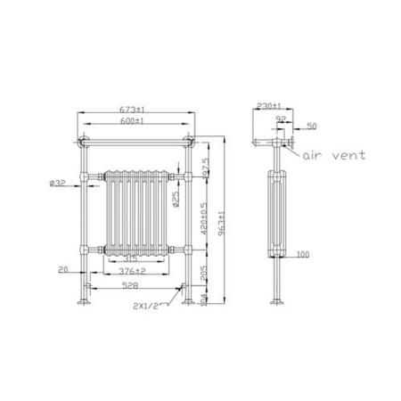 White Chrome Traditional Wall Hung Towel Radiator - 963 x 673 x 230mm