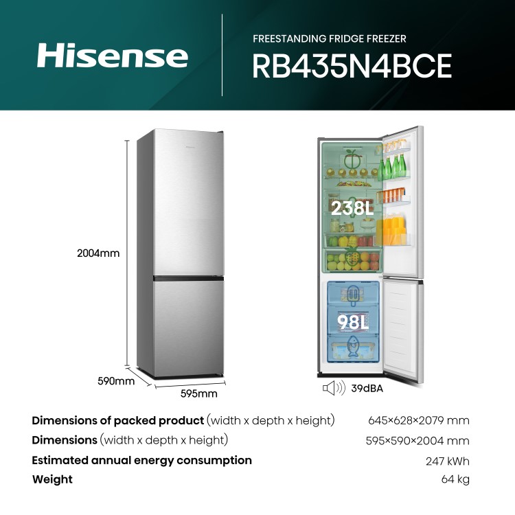 Hisense 336 Litre 60/40 Freestanding Fridge Freezer - Stainless Steel