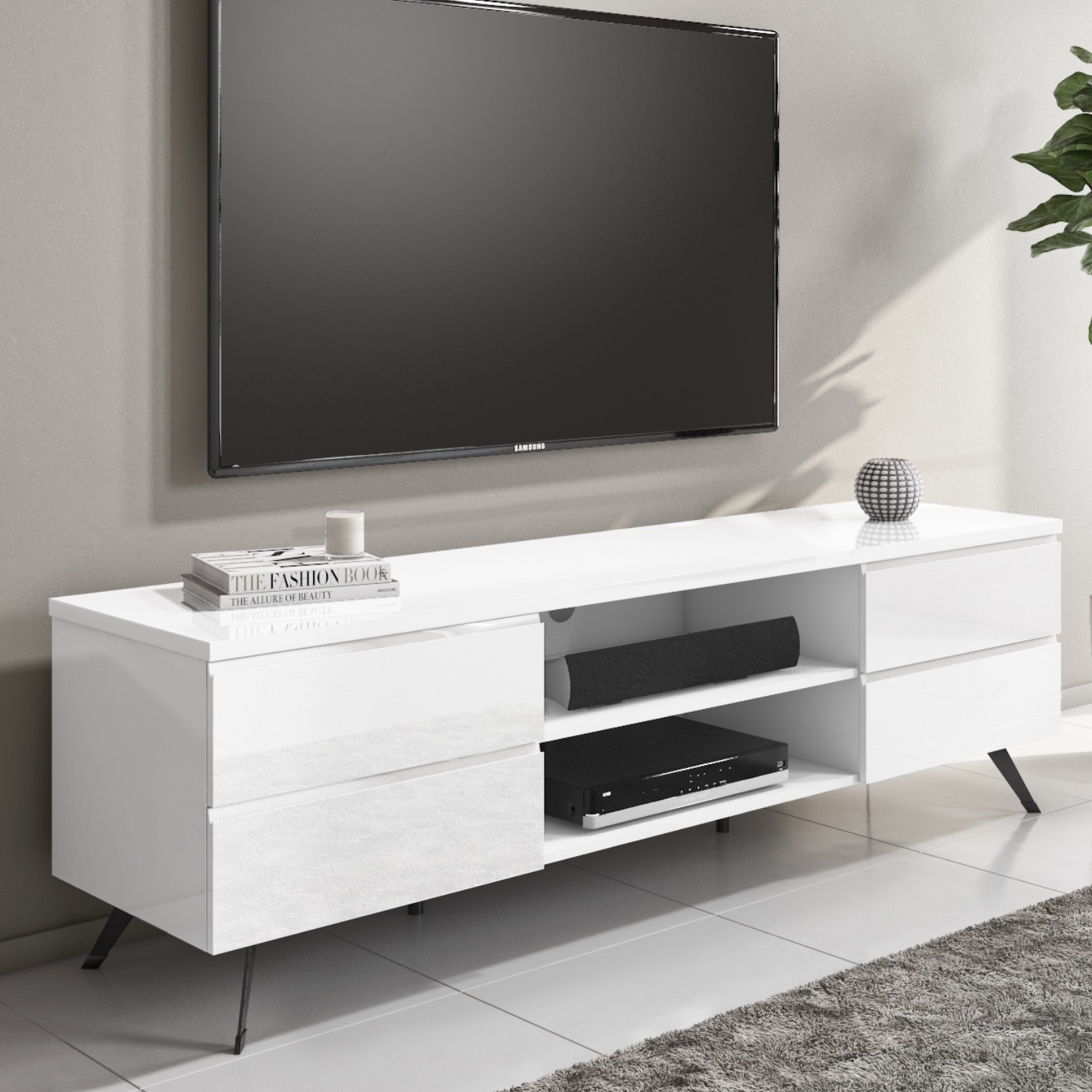 Large White Gloss TV Unit with Storage - TV's up to 77 - Rochelle
