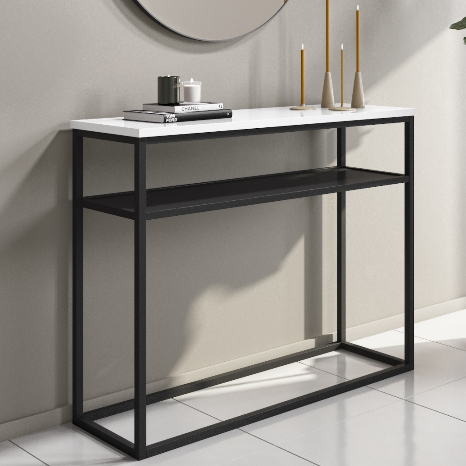Narrow White Gloss Console Table with Black Metal Base Rochelle