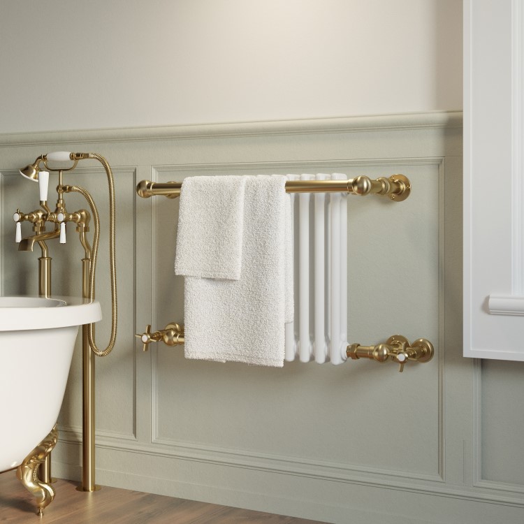 ONLY OPENED - White and Brass Traditional Column Radiator with Towel Rail 510 x 740mm - Regent