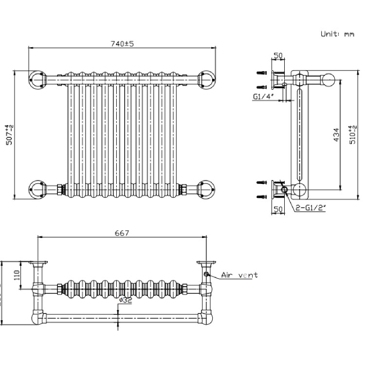 ONLY OPENED - White and Brass Traditional Column Radiator with Towel Rail 510 x 740mm - Regent