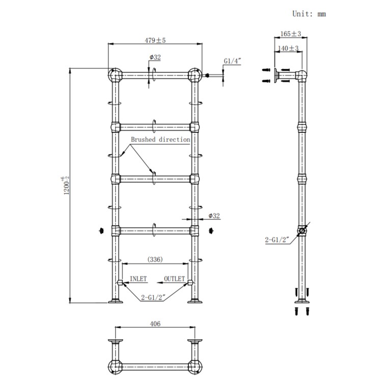 Chrome Vertical Traditional Towel Rail Radiator 1200 x 479mm - Regent