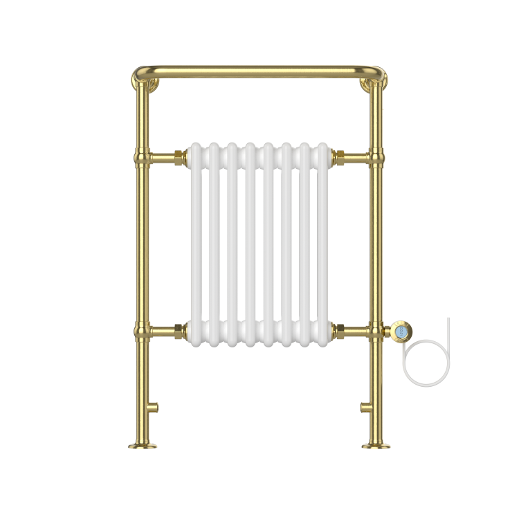 White and Brass Traditional Electric Column Radiator with Towel Rail 952 x 659mm - Regent