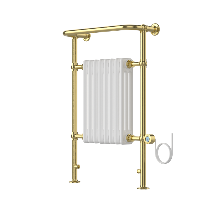 White and Brass Traditional Electric Column Radiator with Towel Rail 952 x 659mm - Regent