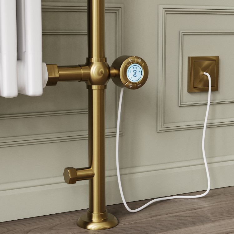 White and Brass Traditional Electric Column Radiator with Towel Rail 952 x 659mm - Regent