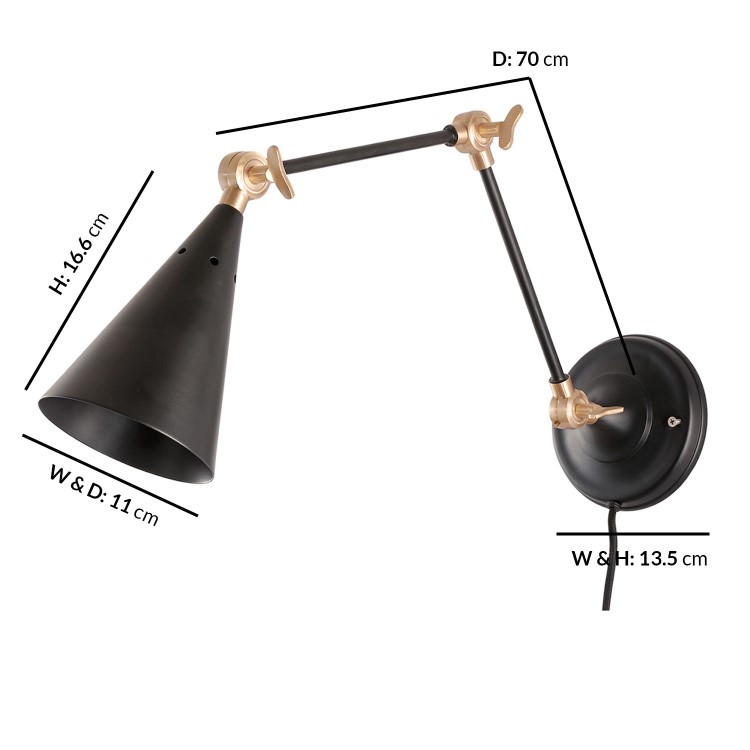 Black Cone Wall Light with Brass Finish - Rome