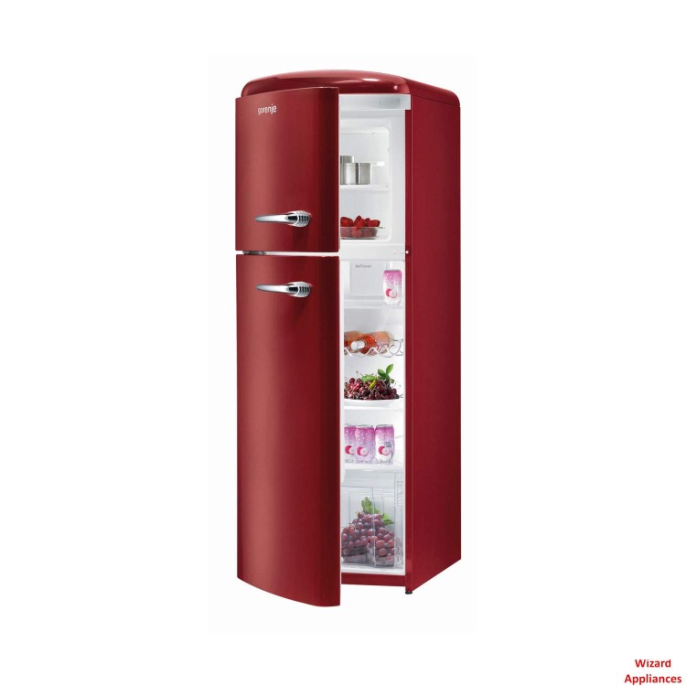 GRADE A1 - As new but box opened - Gorenje RF60309OR-L Retro Style Left Hand Hinge Top Mount Freestanding Fridge Freezer Burgundy