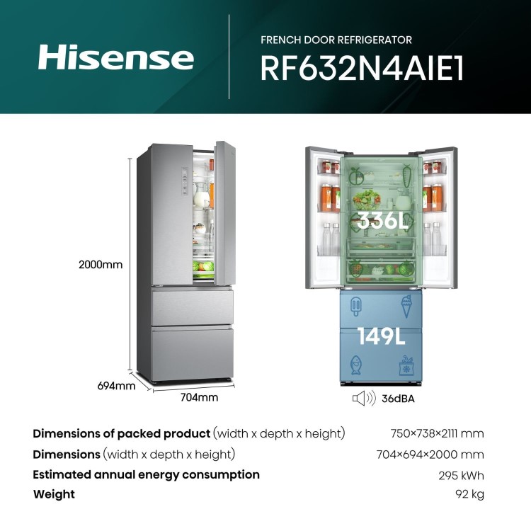 Hisense PureFlat 485 Litre 60/40 Fridge Freezer - Stainless Steel
