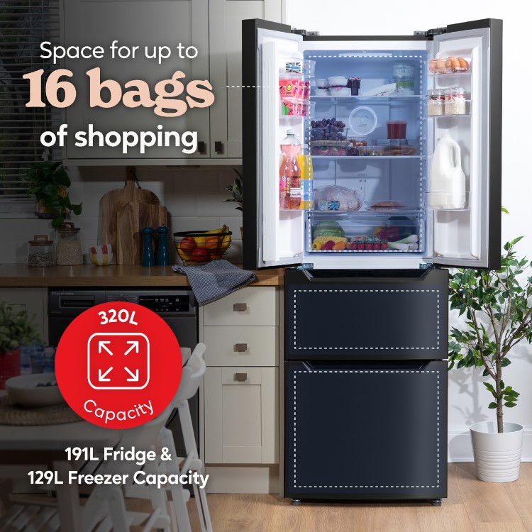 Russell Hobbs 320 Litre French Style American Fridge Freezer - Black Steel