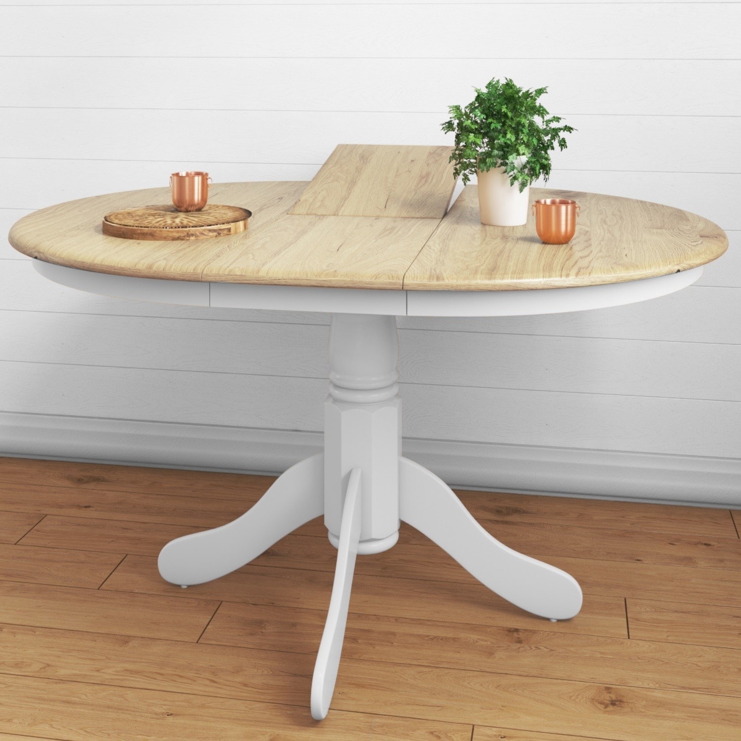Extendable Round Wooden Dining Table in White/Natural - 6 Seater