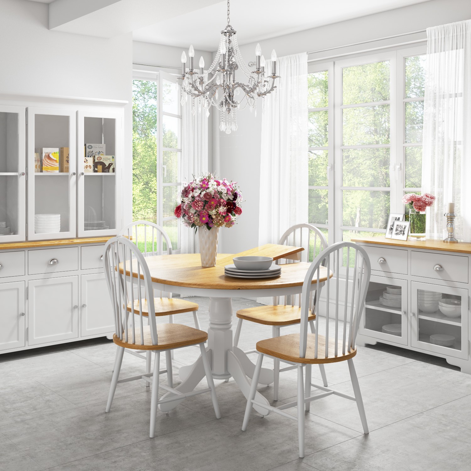 Extendable Round Wooden Dining Table in White Natural 6 Extendable Round Wooden Dining Table in White Natural 6