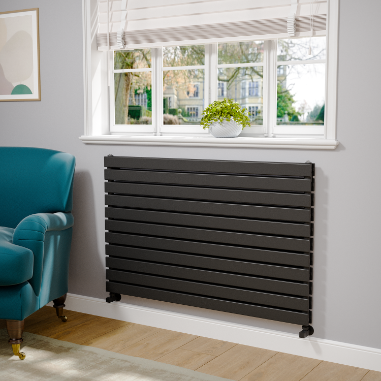 Riace Linea Midnight Black Flat Designer Radiator 770x1200mm Double Panel 5358 BTU - Horizontal Bars