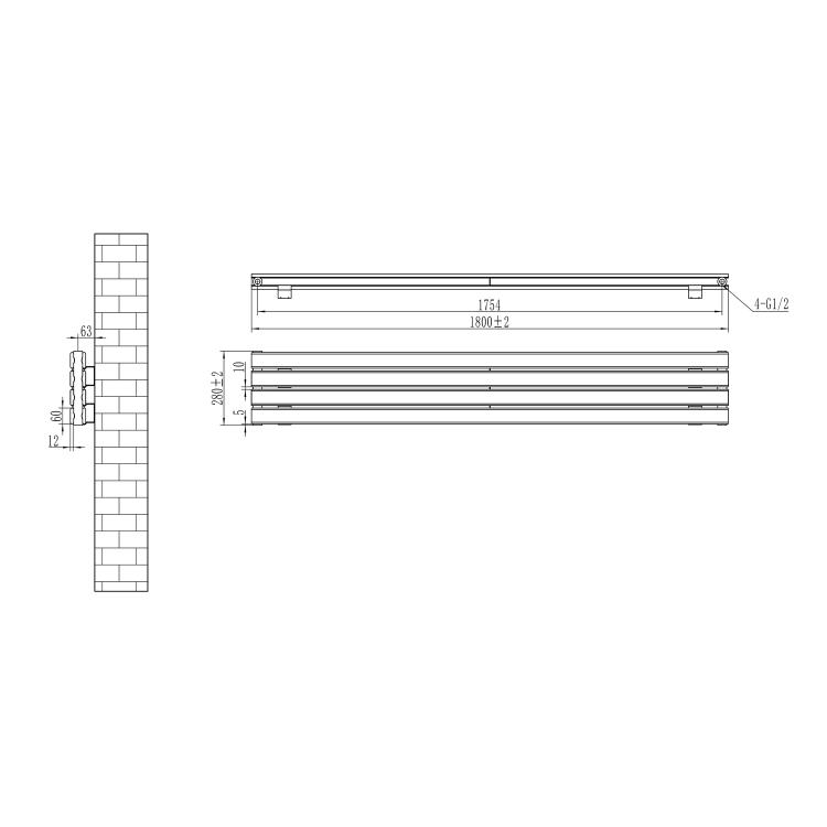 Riace Midnight Black Flat Designer Radiator 280x1800mm Double Panel 2778 BTU