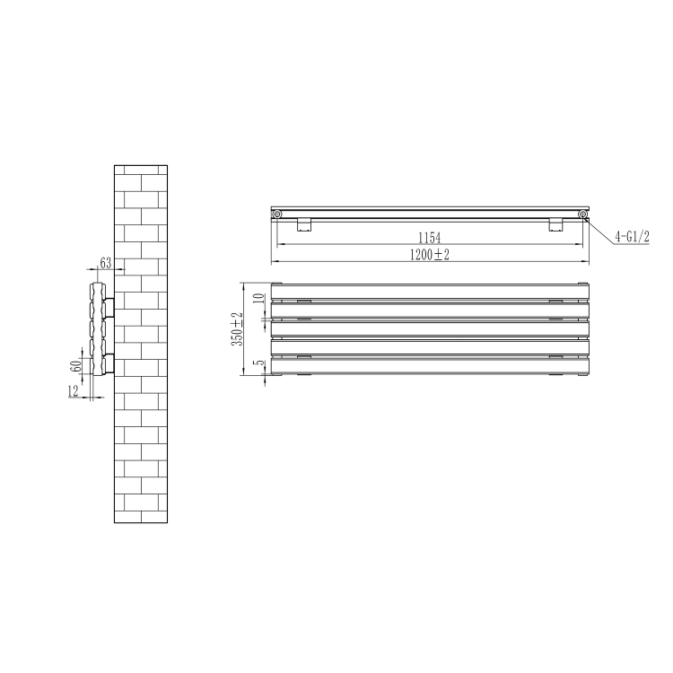 Riace Linea Midnight Black Flat Designer Radiator 350x1200mm Double Panel 2437 BTU - Horizontal Bars