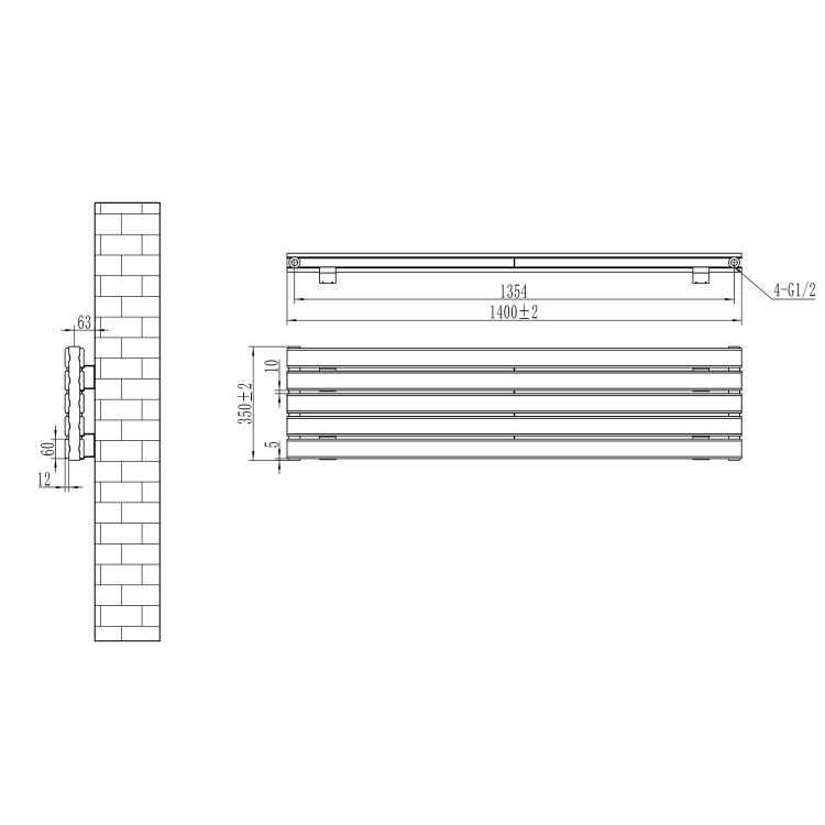 Riace Midnight Black Flat Designer Radiator 350x1400mm Double Panel 2792 BTU