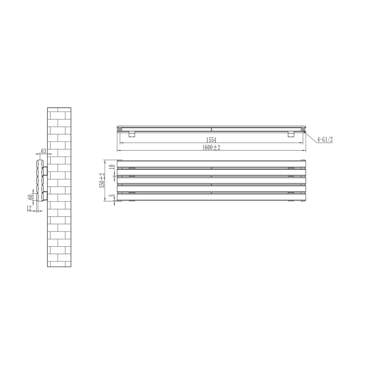 Riace Midnight Black Flat Designer Radiator 350x1600mm Double Panel 3140 BTU