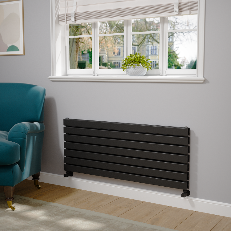 Riace Linea Midnight Black Flat Designer Radiator 490x1200mm Double Panel 3410 BTU - Horizontal Bars