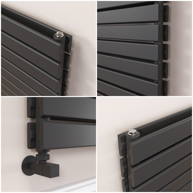 Riace Linea Midnight Black Flat Designer Radiator 490x1200mm Double Panel 3410 BTU - Horizontal Bars