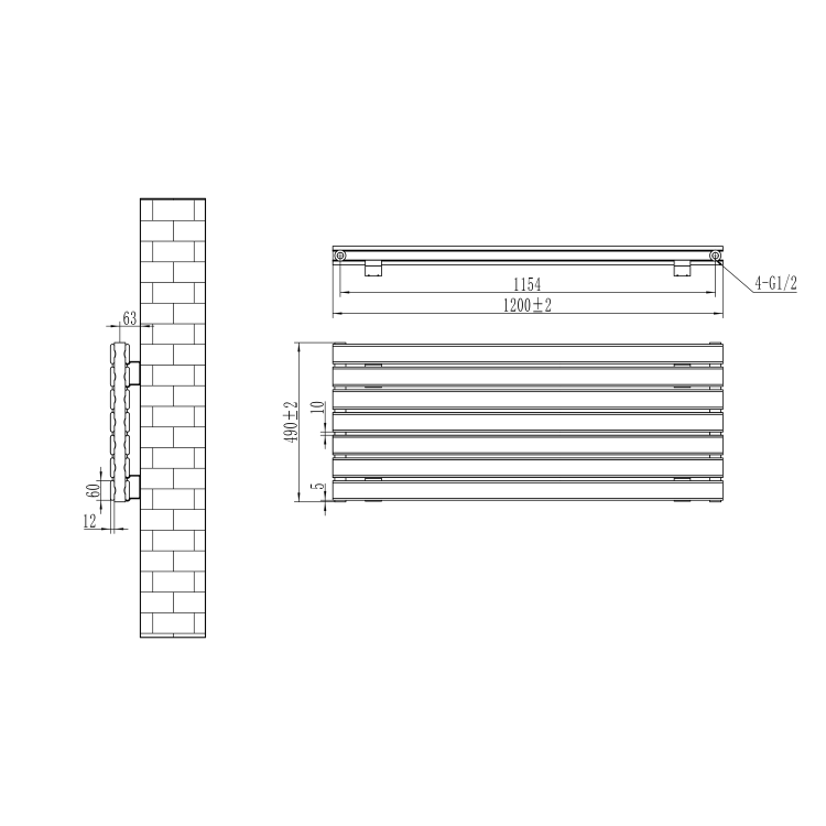 Riace Linea Midnight Black Flat Designer Radiator 490x1200mm Double Panel 3410 BTU - Horizontal Bars