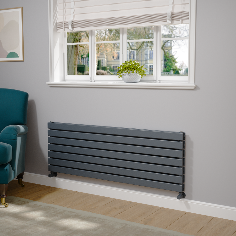 Riace Dark Grey Anthracite Flat Designer Radiator 490x1400mm Double Panel 3908 BTU